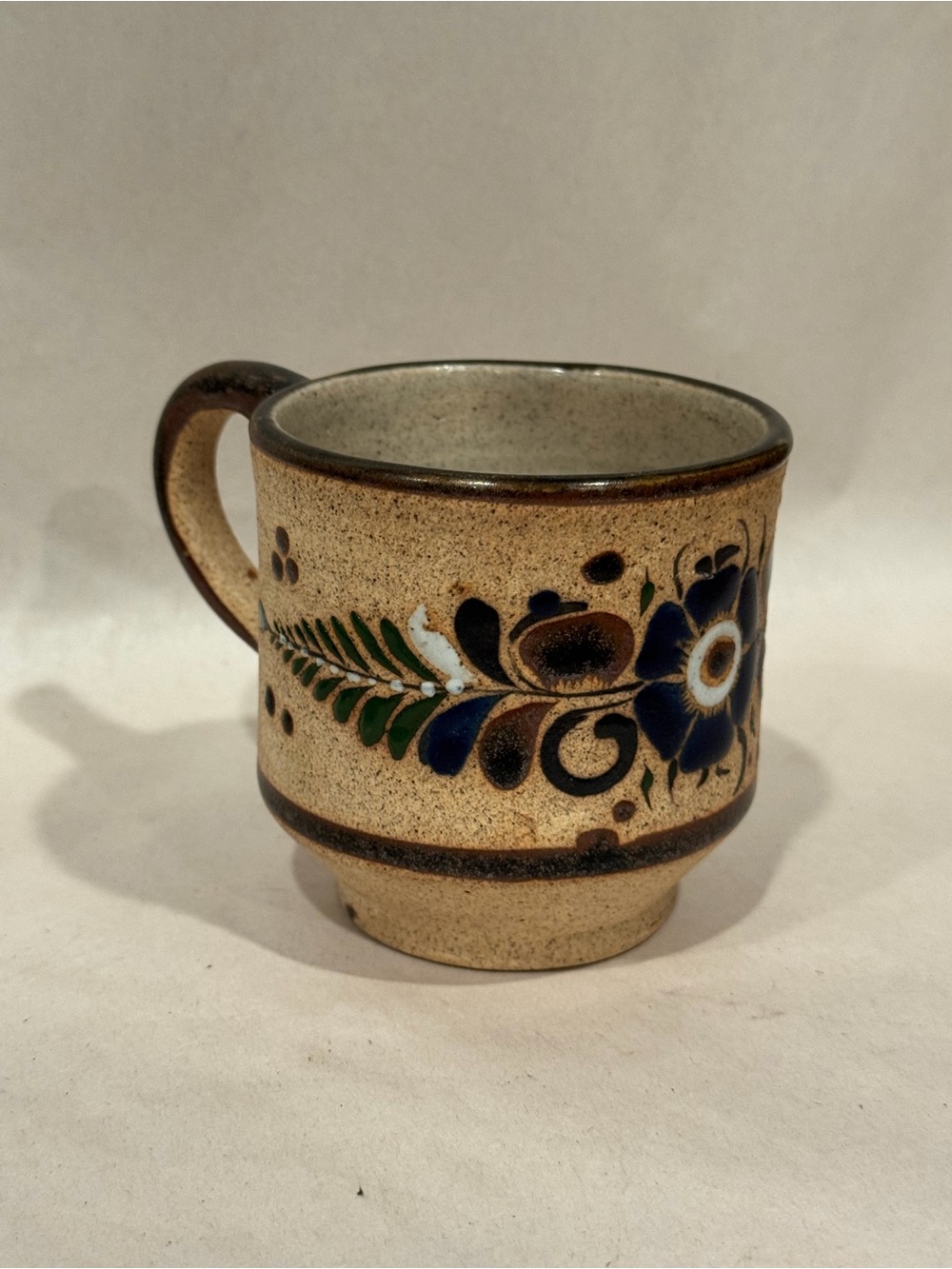 Vintage VTG‎ Hand Painted Tonala Stoneware Pottery Mug Cup Blue Floral Signed